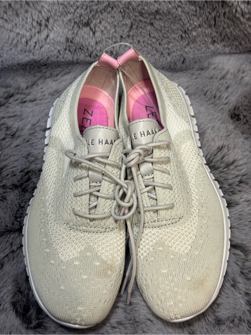 Cole Haan Women’s Light Beige Knit Sneakers with Pink Heel Accent